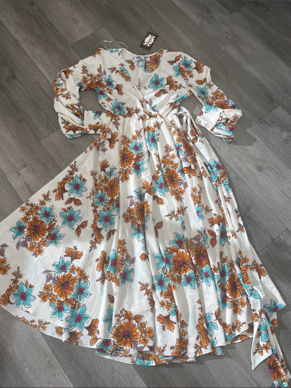 Meghan LA White Maxi Dress with Turquoise & Brown Floral Print